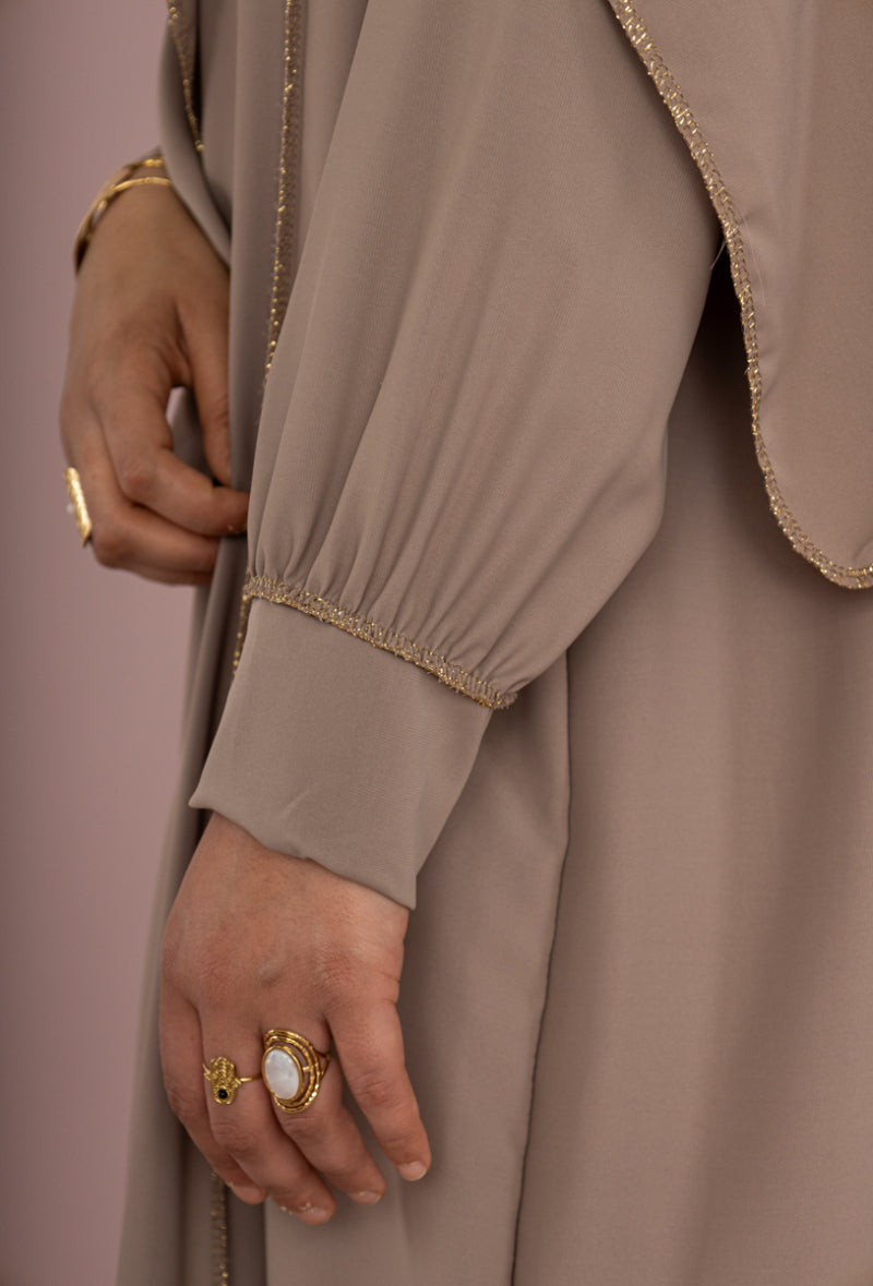 Gold trim silk taupe instant abaya