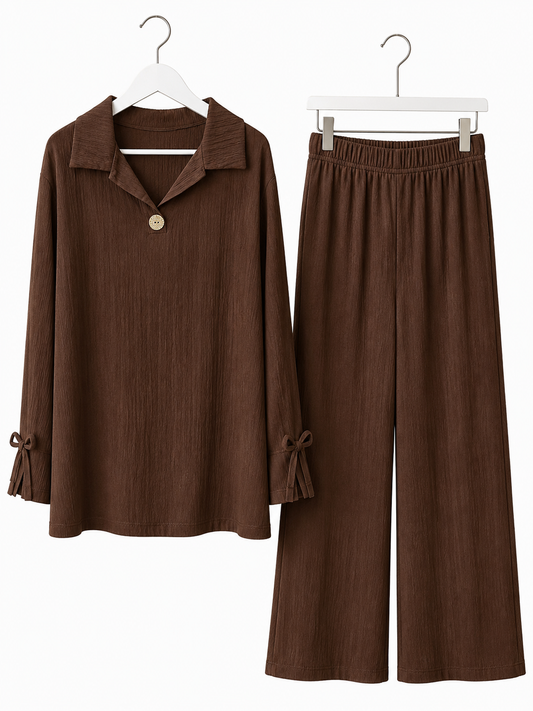 NAYA bow sleeve plisse coord set *chocolate*