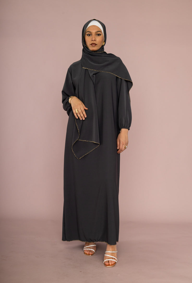 Black instant abaya gold trim