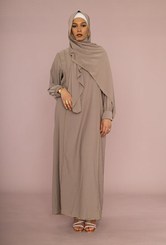 Gold trim silk taupe instant abaya