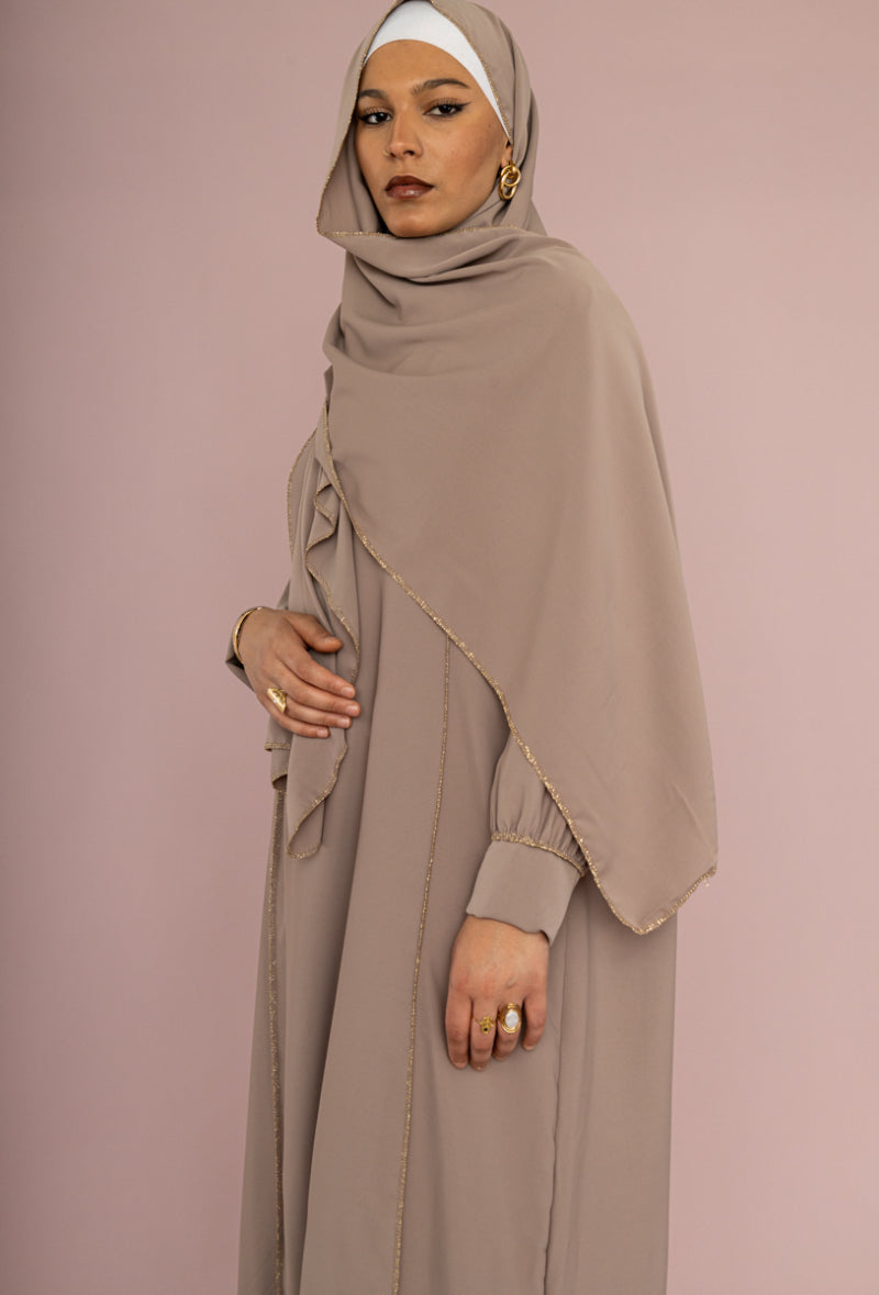 Gold trim silk taupe instant abaya