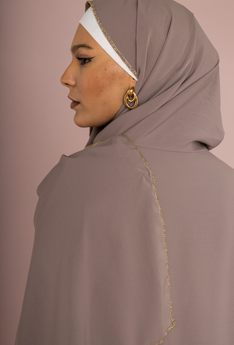 Gold trim silk taupe instant abaya