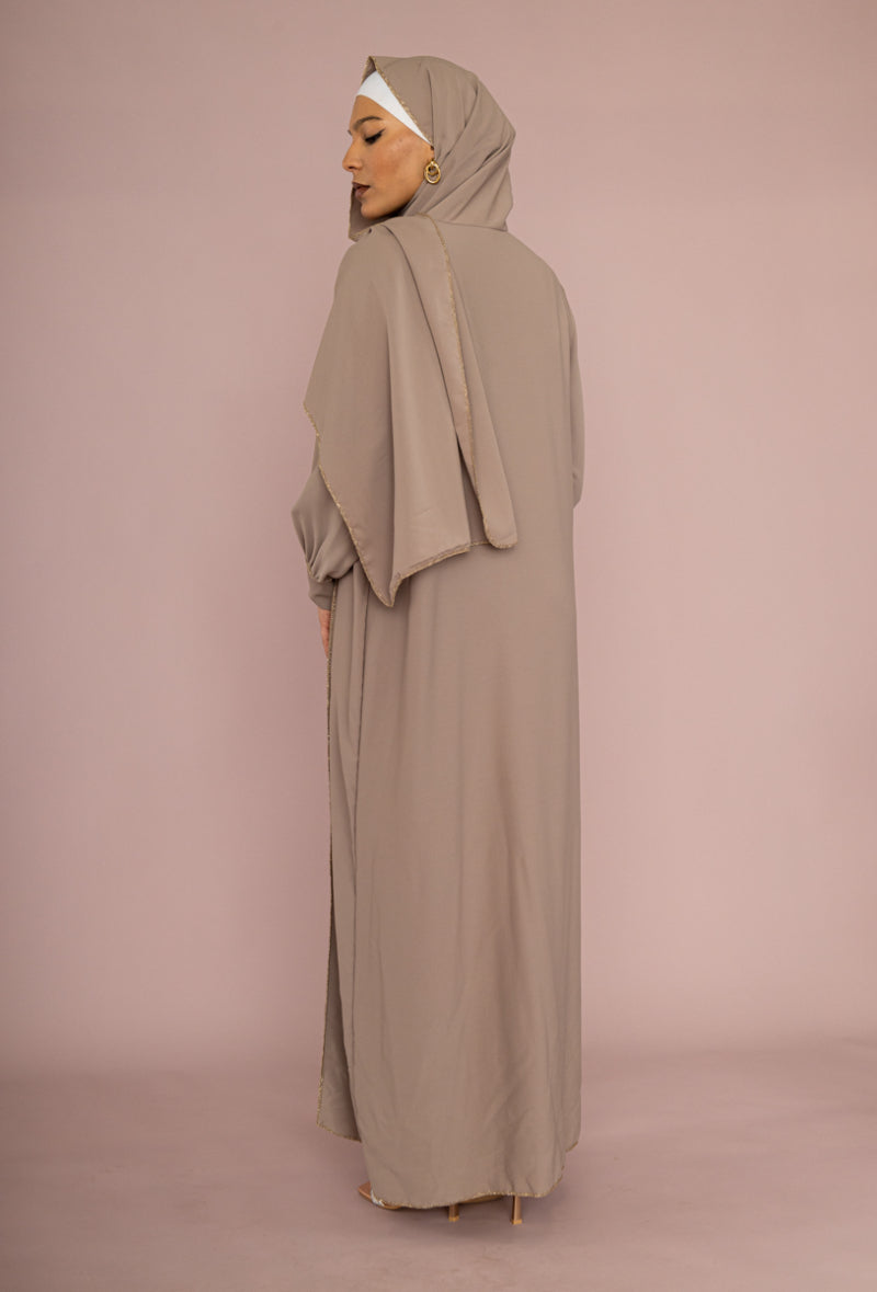 Gold trim silk taupe instant abaya